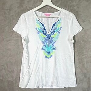 Lilly Pulitzer Shirt Womens M Sea Ave Resort White Embroidered Beach Top Coastal